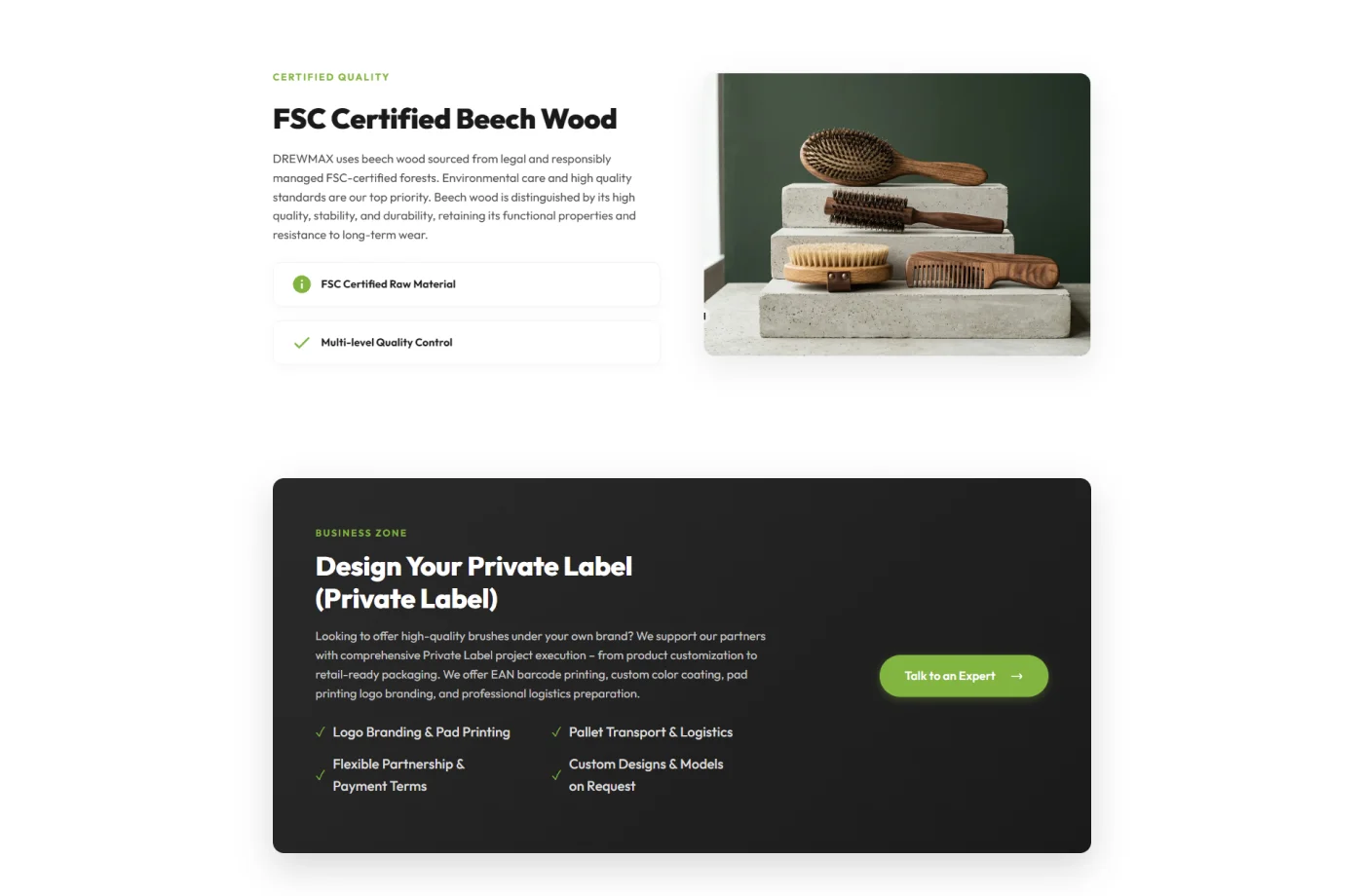 Sekcja dotycząca drewna FSC i oferty Private Label Drewmax.pro